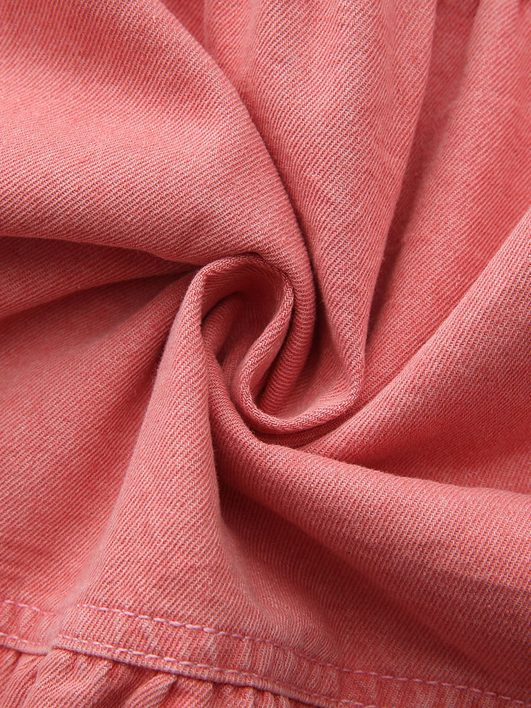 Pink 1940s Denim Button-Down Tiered Maxi Skirt - vintage skirt, retro style, elegant red