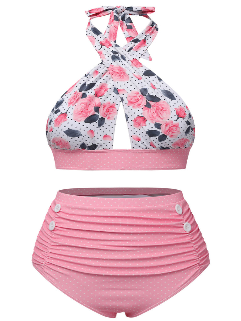 She's wearing Pink 1940s Floral Cross Halter Swimsuit and the whole beach remembers the 1940s