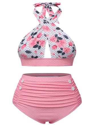 She's wearing Pink 1940s Floral Cross Halter Swimsuit and the whole beach remembers the 1940s