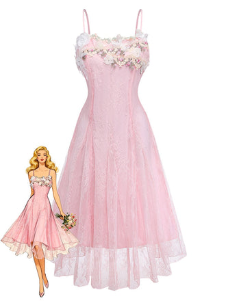 She slips into this Pink 1940s Floral Lace Spaghetti-Strap Maxi Dress and suddenly it's a 1940s daydream