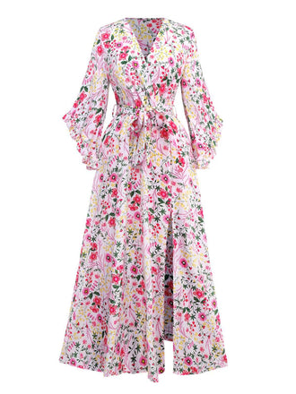 Pink 1940s Flouce Sleeve V-Neck Floral Dress - vintage dress, retro fashion