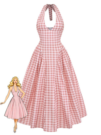 Pink 1940s Gingham V-Neck Sleeveless Flared Maxi Dress - vintage dress, retro fashion, elegant style for vintage lovers