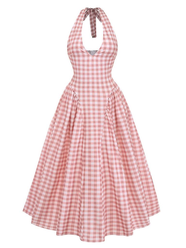 Retro Gingham Pin up Rockabilly Flared Maxi Dress Picnic Sundress Pink Retro Gingham Pin up Rockabilly Flared Maxi Dress Picnic Sundress Pink