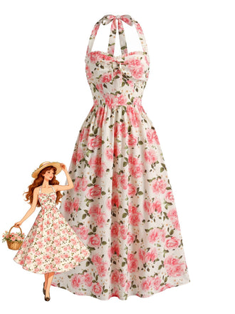 Pink 1940s Halter Print High Waist Dress 2