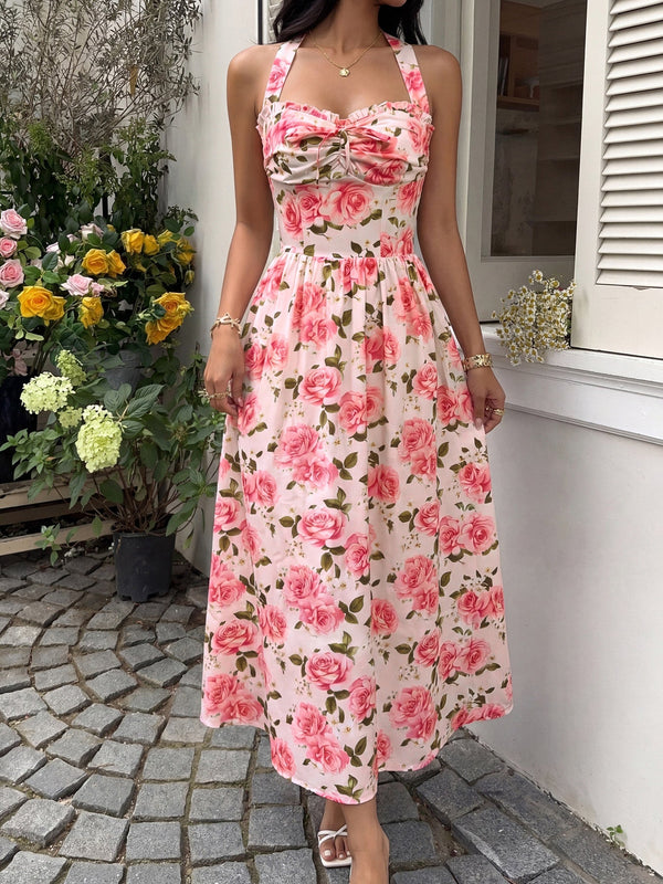 Pink 1940s Floral Halter High Waist Dress