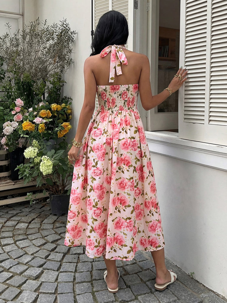 pink floral halter dress Pink 1940s Floral Halter High Waist Dress