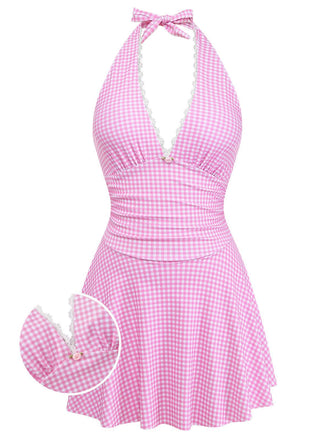 Pink 1940s Halter V-Neck Plaid One-Piece Swimsuit - vintage swimsuit, pin-up style