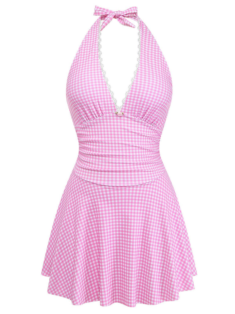 Pink 1940s Halter V-Neck Plaid One-Piece Swimsuit - vintage swimsuit, pin-up style