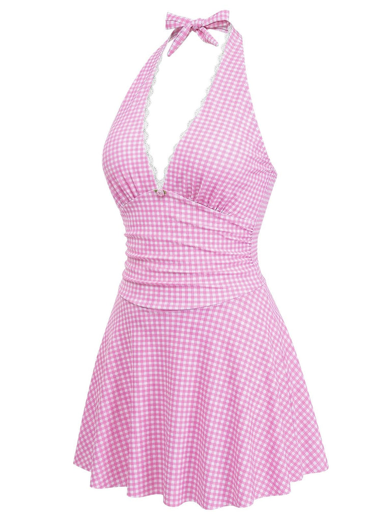 Pink 1940s Halter V-Neck Plaid One-Piece Swimsuit - vintage swimsuit, pin-up style