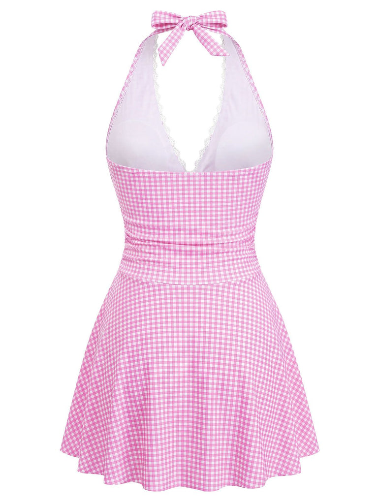 Pink 1940s Halter V-Neck Plaid One-Piece Swimsuit - vintage swimsuit, pin-up style