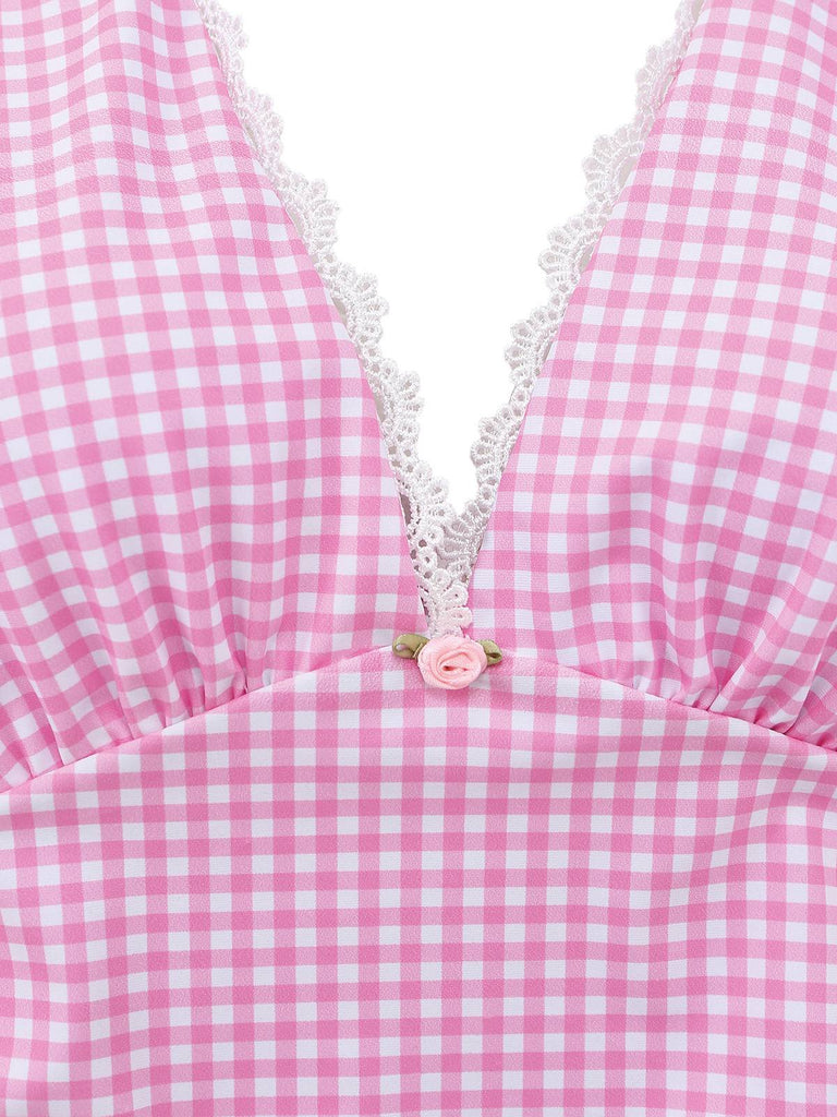 Pink 1940s Halter V-Neck Plaid One-Piece Swimsuit - vintage swimsuit, pin-up style