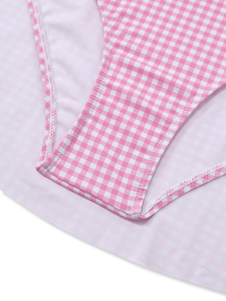 Pink 1940s Halter V-Neck Plaid One-Piece Swimsuit - vintage swimsuit, pin-up style