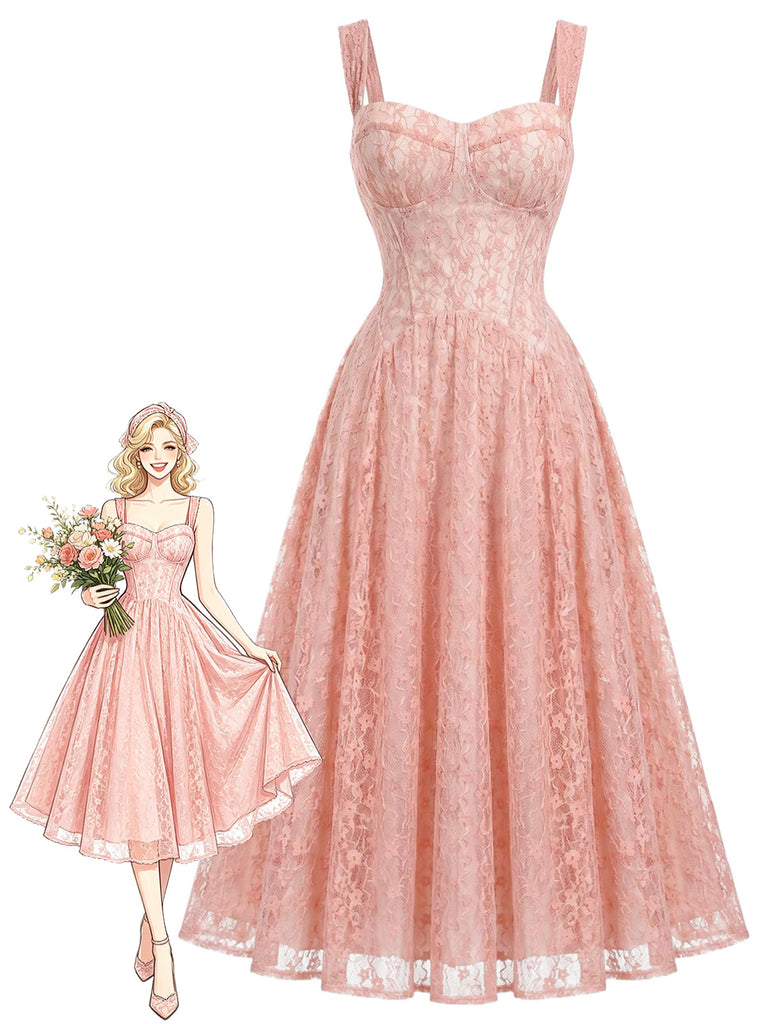 Pink 1940s Lace Sweetheart Neck Spaghetti Strap Corset Dress, vintage dress, retro fashion, lace detail - perfect for women who love vintage and retro fashion