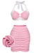 Pink 1940s Patchwork Lace-Up Halter Swimsuit: timeless style reimagined