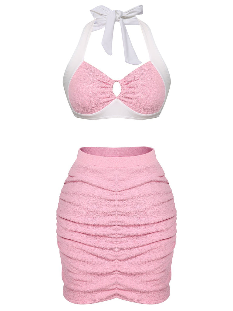 Pink 1940s Patchwork Lace-Up Halter Swimsuit — vintage elegance for the modern woman