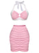 Pink 1940s Patchwork Lace-Up Halter Swimsuit — vintage elegance for the modern woman
