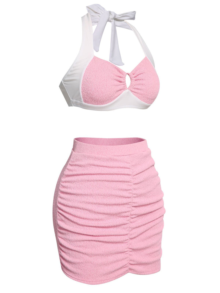 Pink 1940s Patchwork Lace-Up Halter Swimsuit: timeless style reimagined