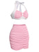 Pink 1940s Patchwork Lace-Up Halter Swimsuit: timeless style reimagined