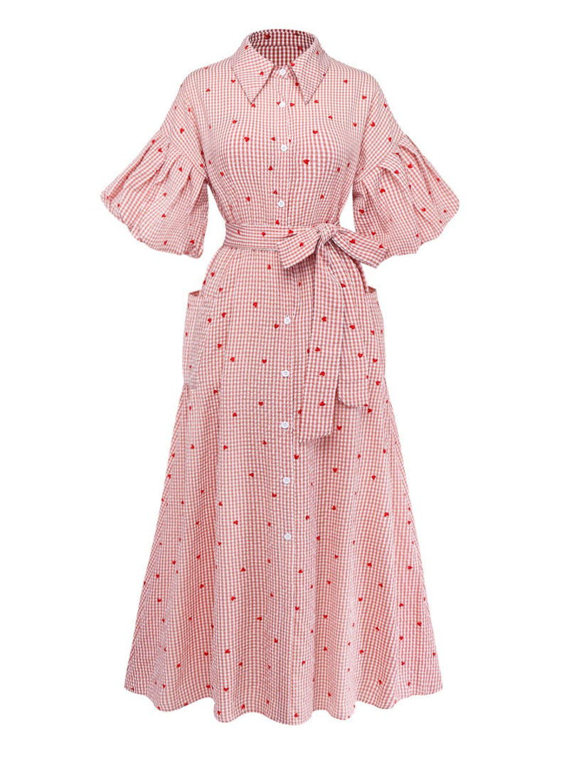 pink belted dress Women's Plaid Heart Lantern Sleeve Midi The pink dress women 1950s swing dress Oscar Mini Dress Pink Size:3 - (US8-10)
