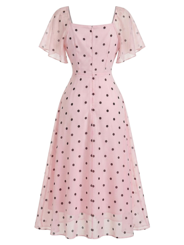 Orange Pink 1940s Polka Dot V Neck Ruffle Dress 3