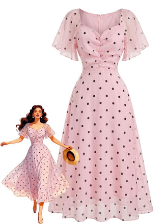 Pink 1940s Polka Dot Puff Sleeve Sweetheart Midi Dress, vintage dress, retro fashion - perfect for women who love vintage and retro fashion
