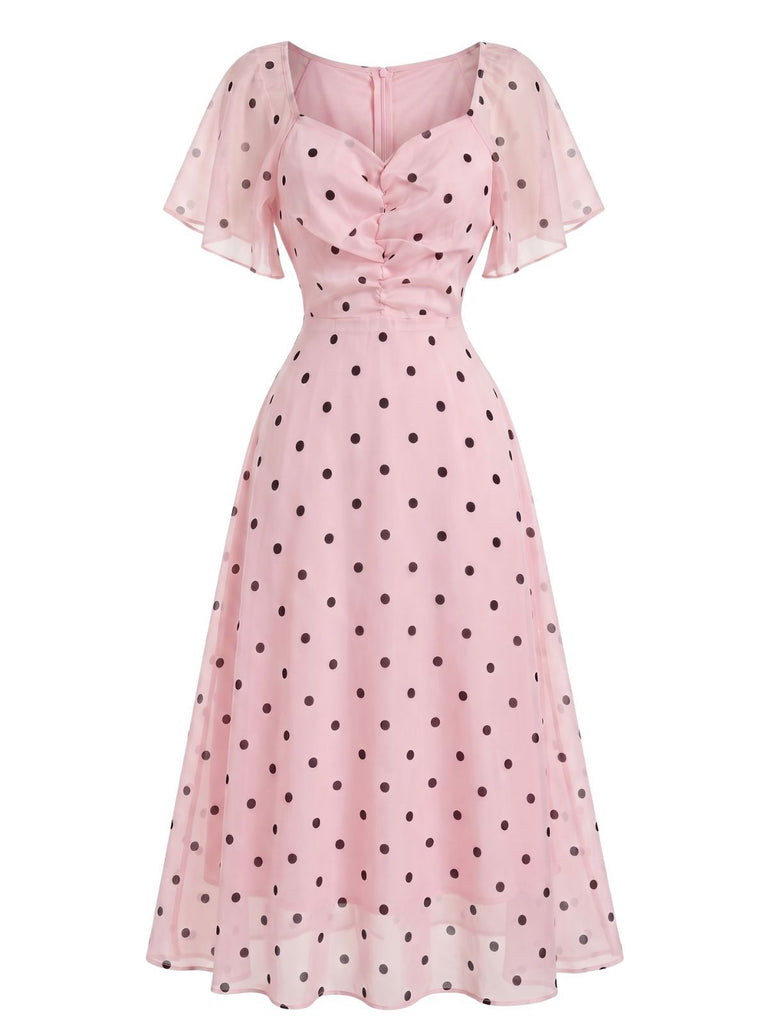 Pink 1940s Polka Dot Puff Sleeve Sweetheart Midi Dress, vintage dress, retro fashion - perfect for women who love vintage and retro fashion