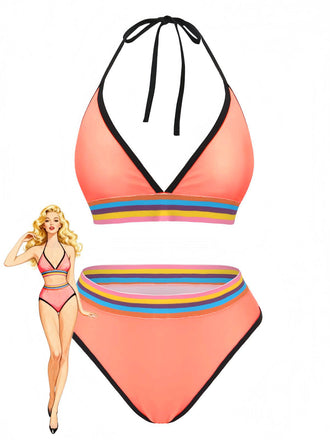 Pink 1940s Rainbow Striped Triangle Bikini Set - vintage fashion, retro style