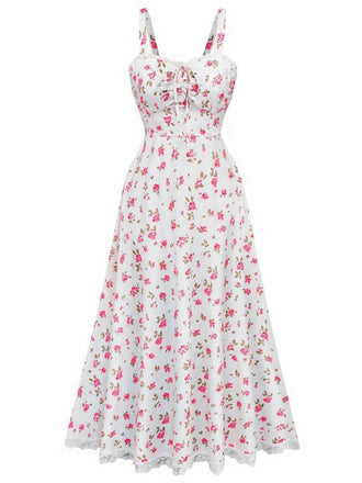 Pink 1940s Rose Strap Lace Patchwork Dress - vintage dress, retro fashion