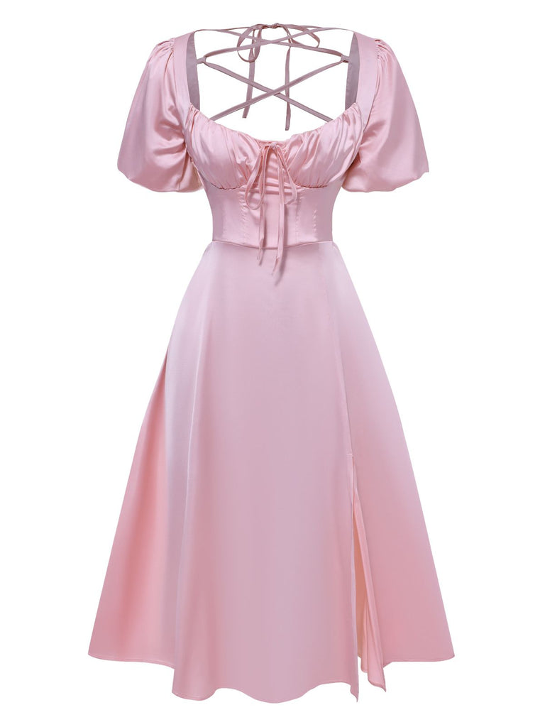 Pink 1940s Solid Puff Sleeve Tie Back Dress, vintage dress, retro fashion - perfect for women who love vintage and retro fashion