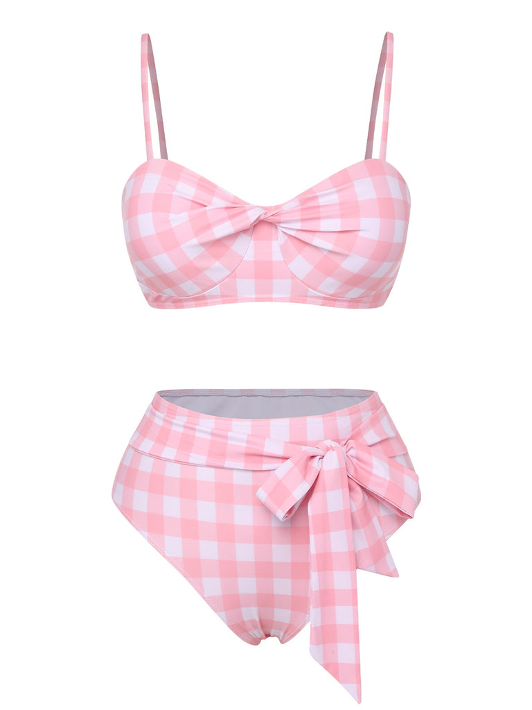 Pink 1940s Spaghetti Strap Plaid Bow Swimsuit, vintage swimsuit, pin-up swimwear - perfect for women who love vintage and retro fashion