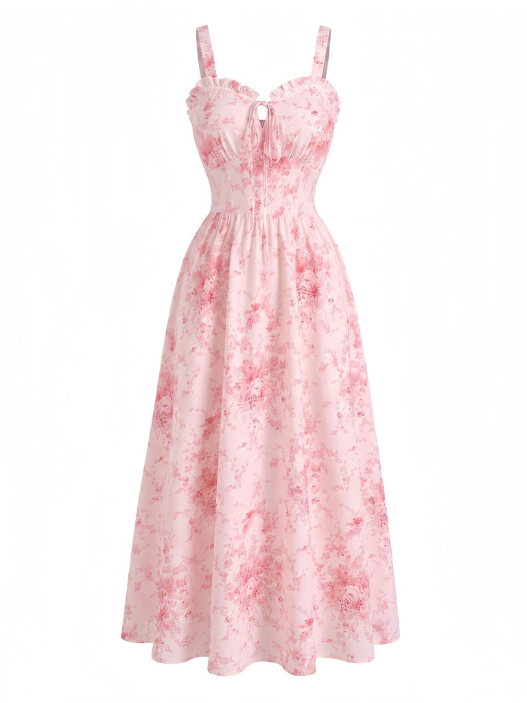 Pink 1940s Floral Ruffle Collar Smocked Dress | Retro Stage Pink 1940s Floral Ruffle Collar Smocked Dress | Retro Stage