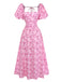 Pink 1940s Square Neck Puff Sleeve Floral Dress - vintage dress, retro fashion