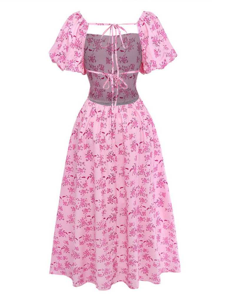 Pink 1940s Square Neck Puff Sleeve Floral Dress - vintage dress, retro fashion