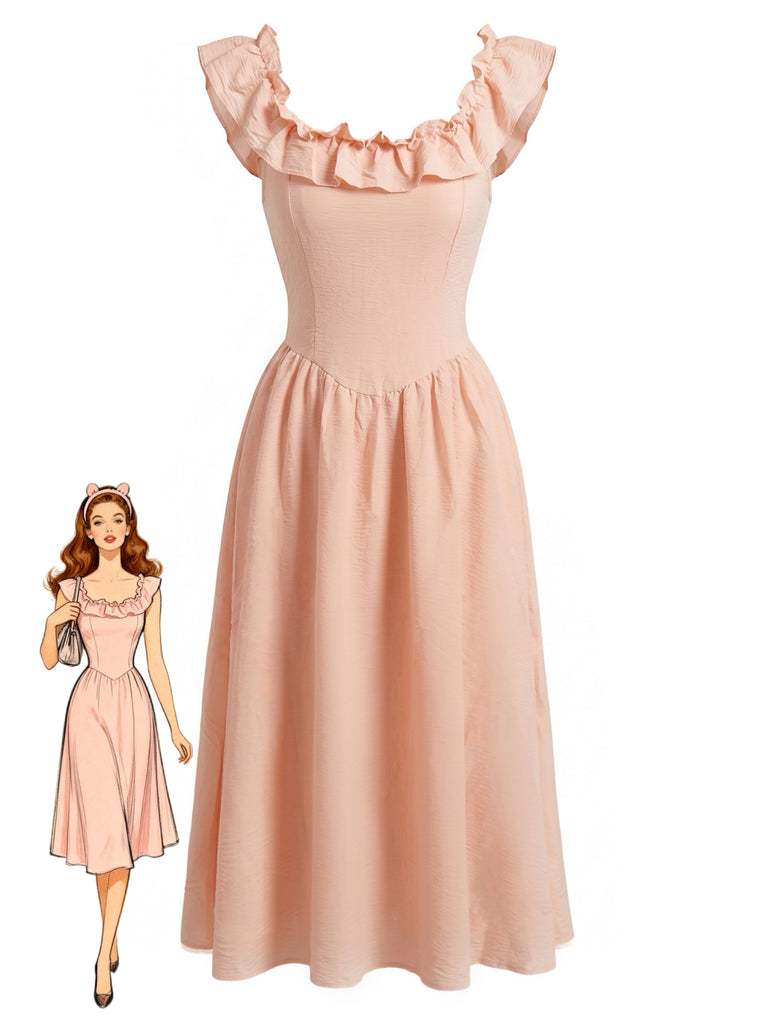 Pink 1940s Square Neck Ruffle Dress