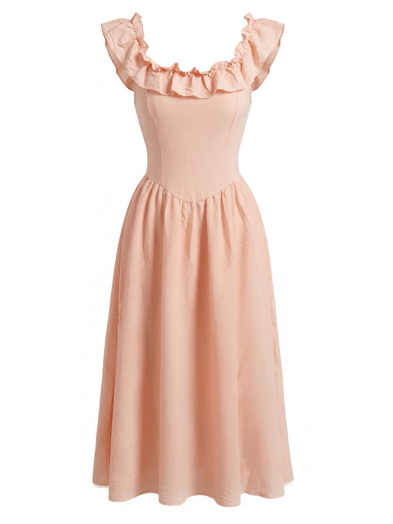 Pink 1940s Square Neck Ruffle Dress 2