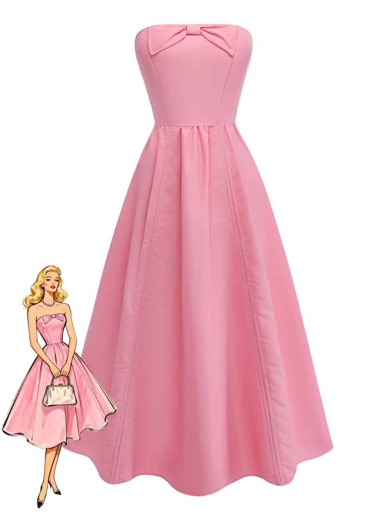 Pink 1940s Strapless Bow Midi Dress