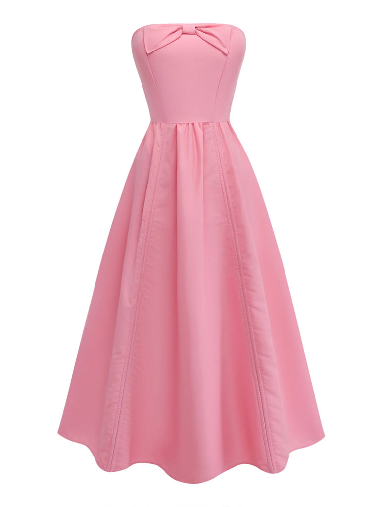 Pink 1940s Strapless Bow Midi Dress 2