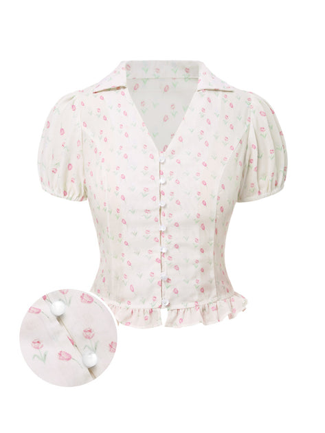 Pink 1940s Tulip V-Neck Lapel Ruffled Blouse | Retro Stage