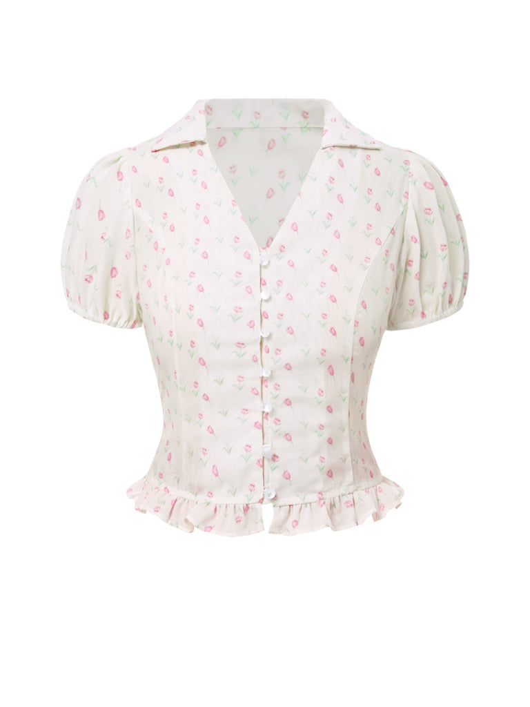 Pink 1940s Tulip V-Neck Lapel Ruffled Blouse | Retro Stage