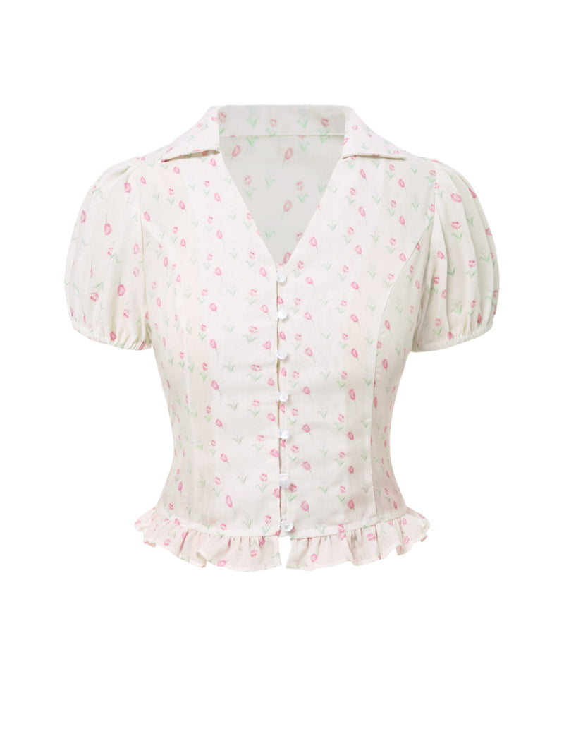 Pink 1940s Tulip V-Neck Lapel Ruffled Blouse | Retro Stage