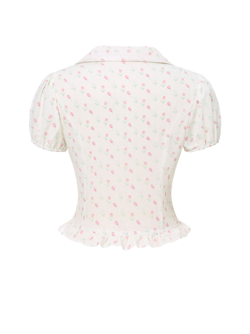 Pink 1940s Tulip V-Neck Lapel Ruffled Blouse | Retro Stage