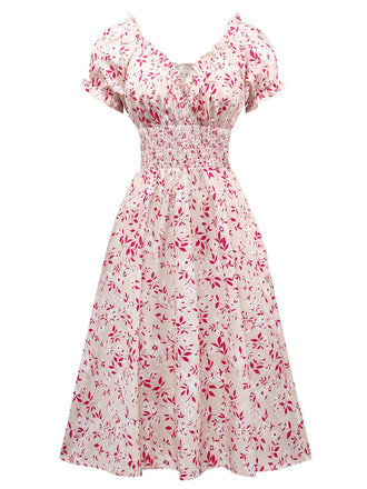 Pink 1940s V-Neck Floral Puff Sleeve Dress - vintage dress, retro fashion