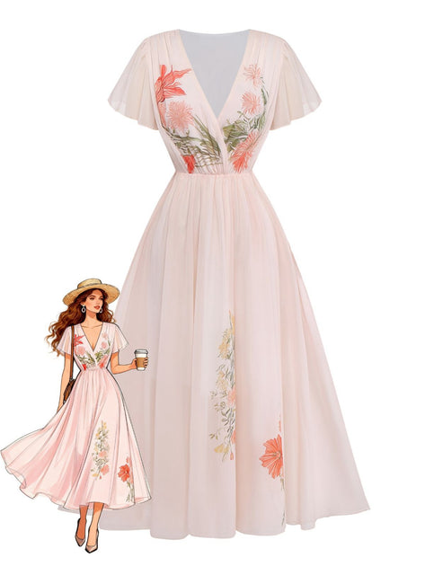 Vintage V-Neck Floral Ruffle Sleeve Chiffon Maxi Dress Pink