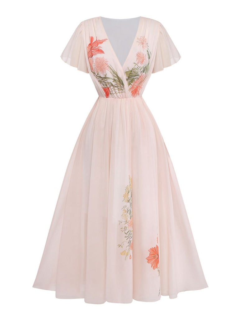 Vintage V-Neck Floral Ruffle Sleeve Chiffon Maxi Dress Pink