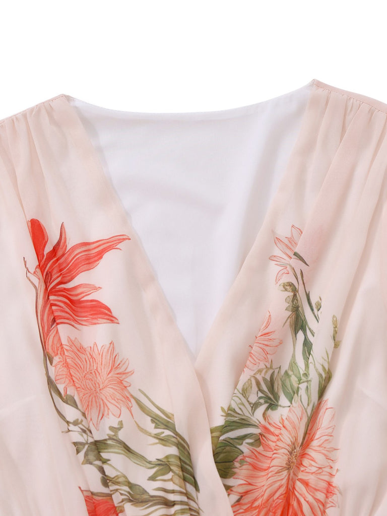 Vintage V-Neck Floral Ruffle Sleeve Chiffon Maxi Dress Pink