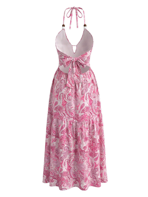 Pink 1940s Paisley Halter Keyhole Tiered Maxi Dress