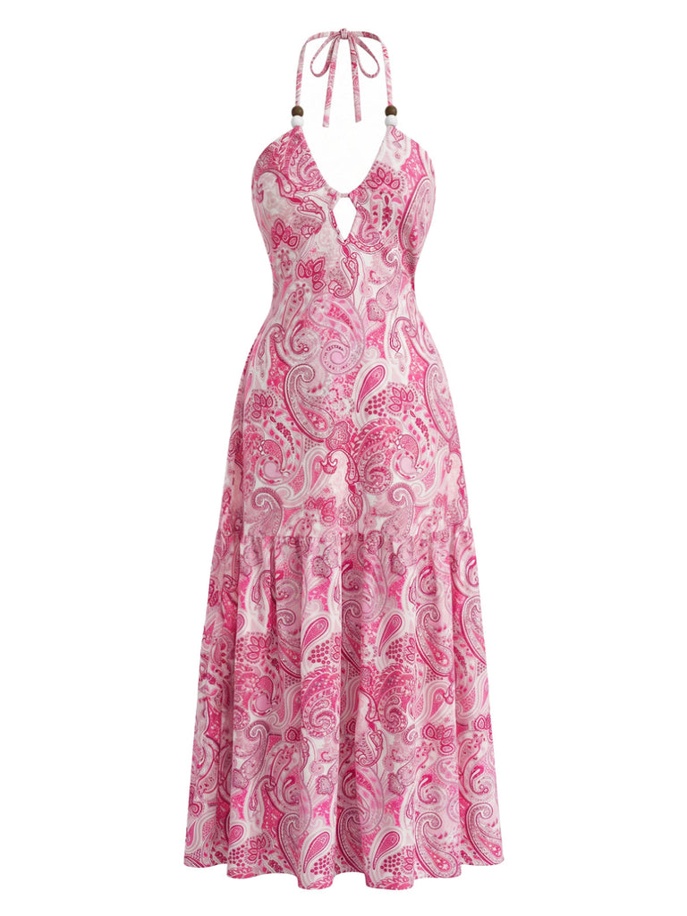 retro paisley dress Pink Retro Paisley Print Midi Dress
