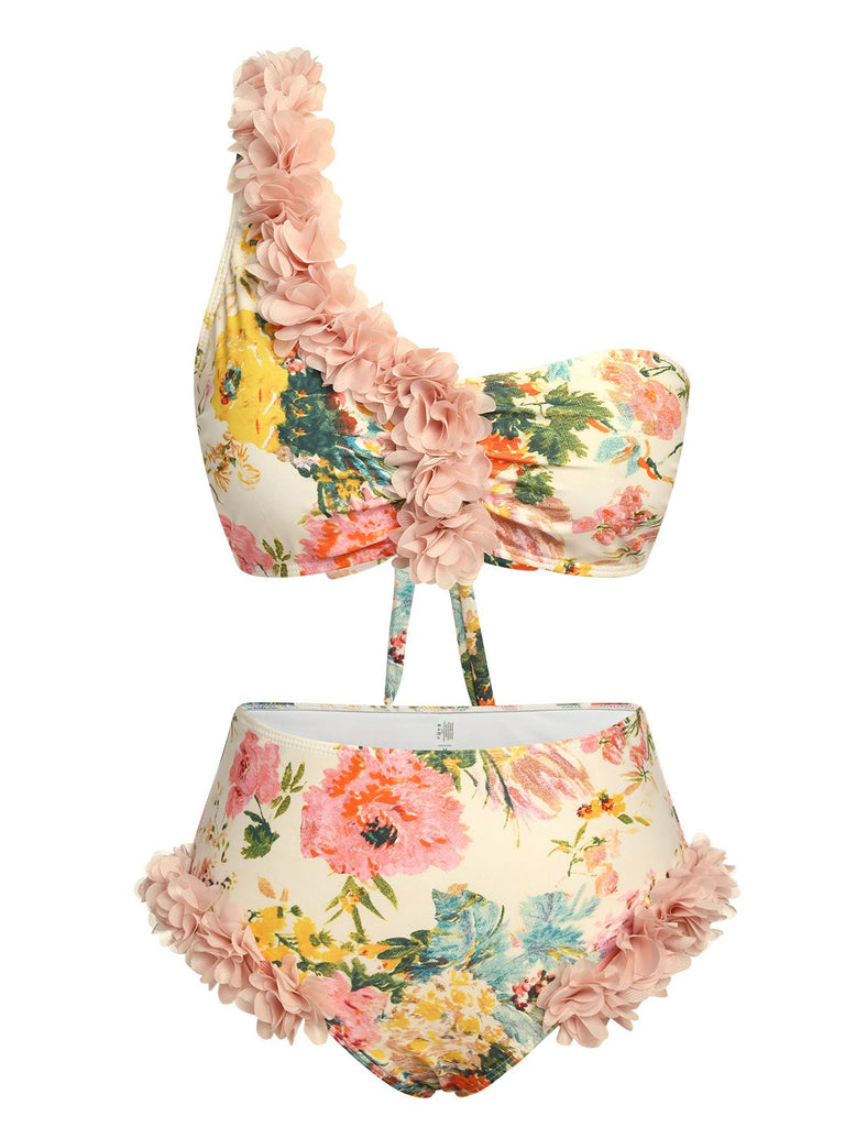 Pink 1950s 3D Lace Floral One-Shoulder Swimsuit | Retro Stage
