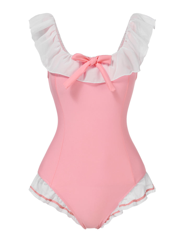 Pink 1950s Bowknot Lapel One-Piece Swimsuit: 1950s Riviera elegance, reimagined for her