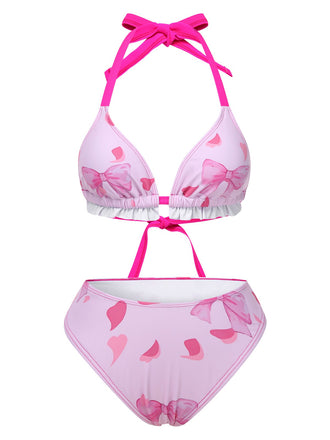 Pink 1950s Bowknot Print Halter Bikini Set, vintage swimsuit, pin-up swimwear - perfect for women who love vintage and retro fashion
